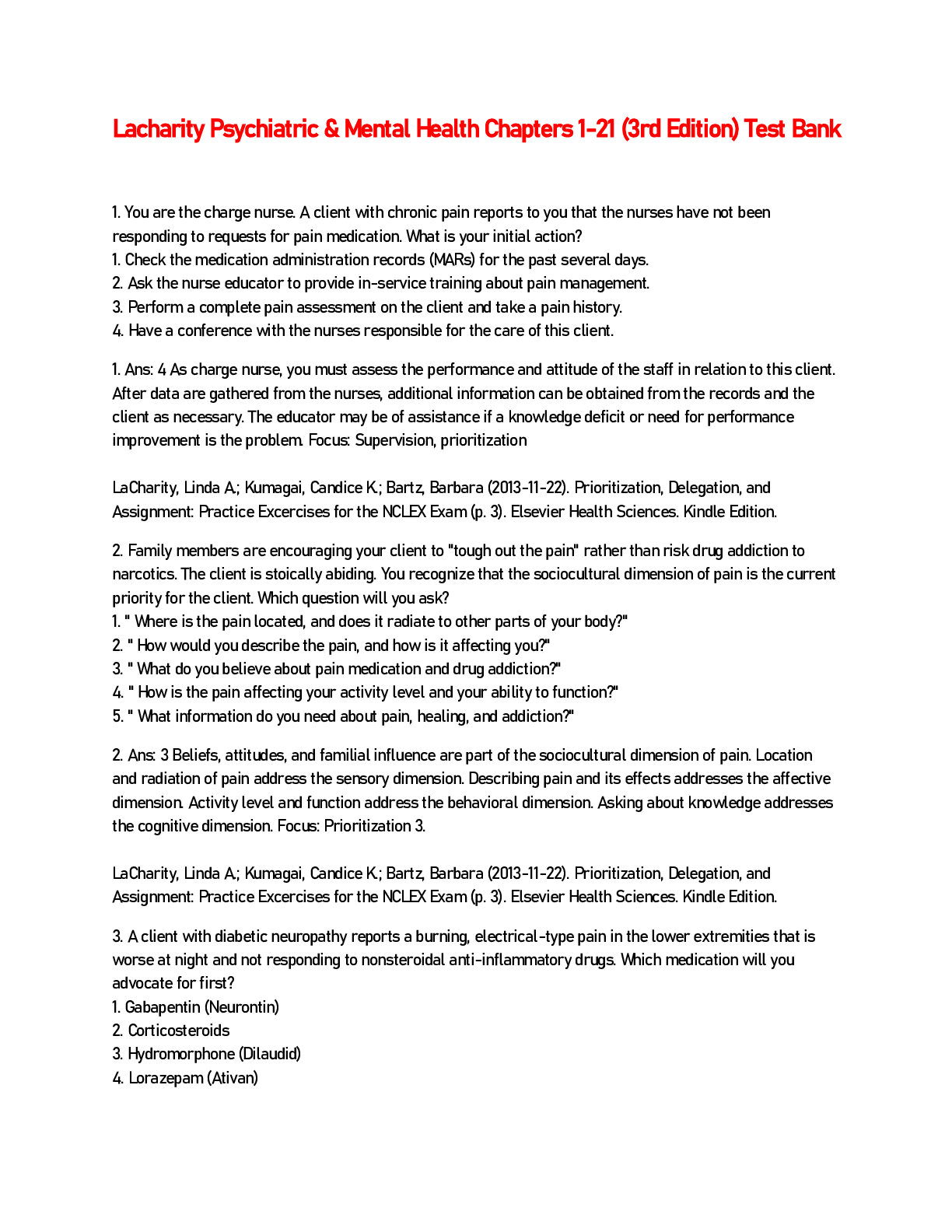 Preview of Lacharity Psychiatric & Mental Health Chapters 1-21 (3rd Edition) Test Bank